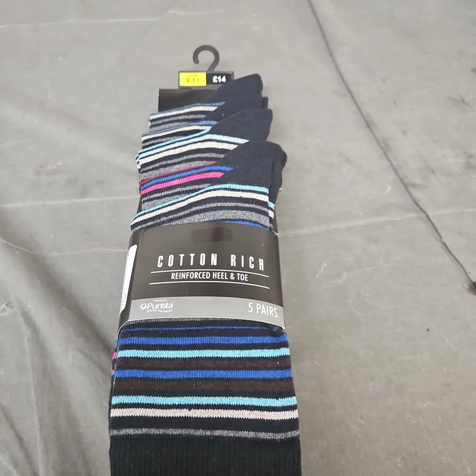 COTTON RICH STRIPED SOCKS – REINFORCED HEEL & TOE, 5 PAIRS - SIZE 9-11