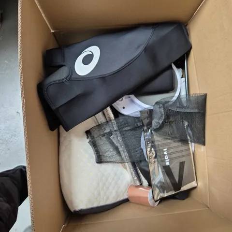 BOX OF APPROXIMATELY 15 ASSORTED ITEMS TO INCLUDE: NUFISH AUQA LOCK LUGGAGE BAG 