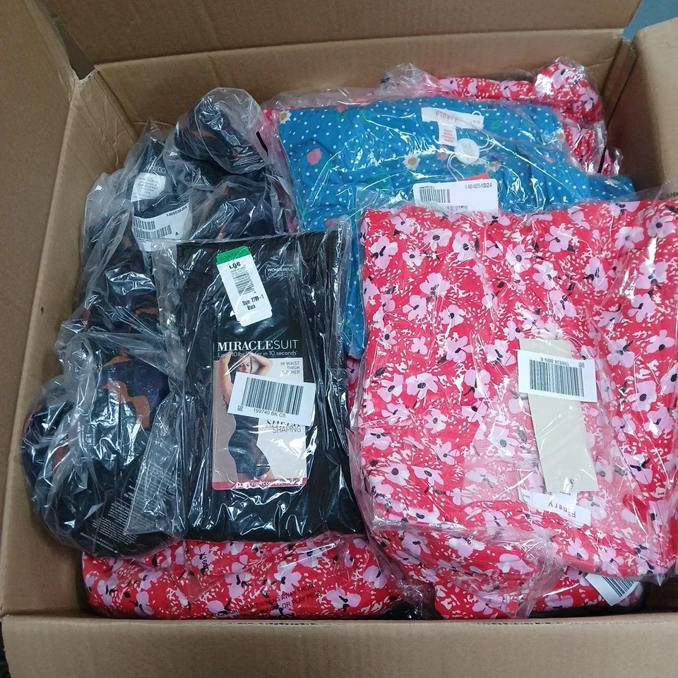 BOX OF APPROXIMATELY 35 ASSORTED CLOTHING ITEMS INCLUDING MIRACLE SHAPING SUIT LARGE, FINERY SIZE 12 DRESS, KIM & CO SIZE MEDIUM DRESS