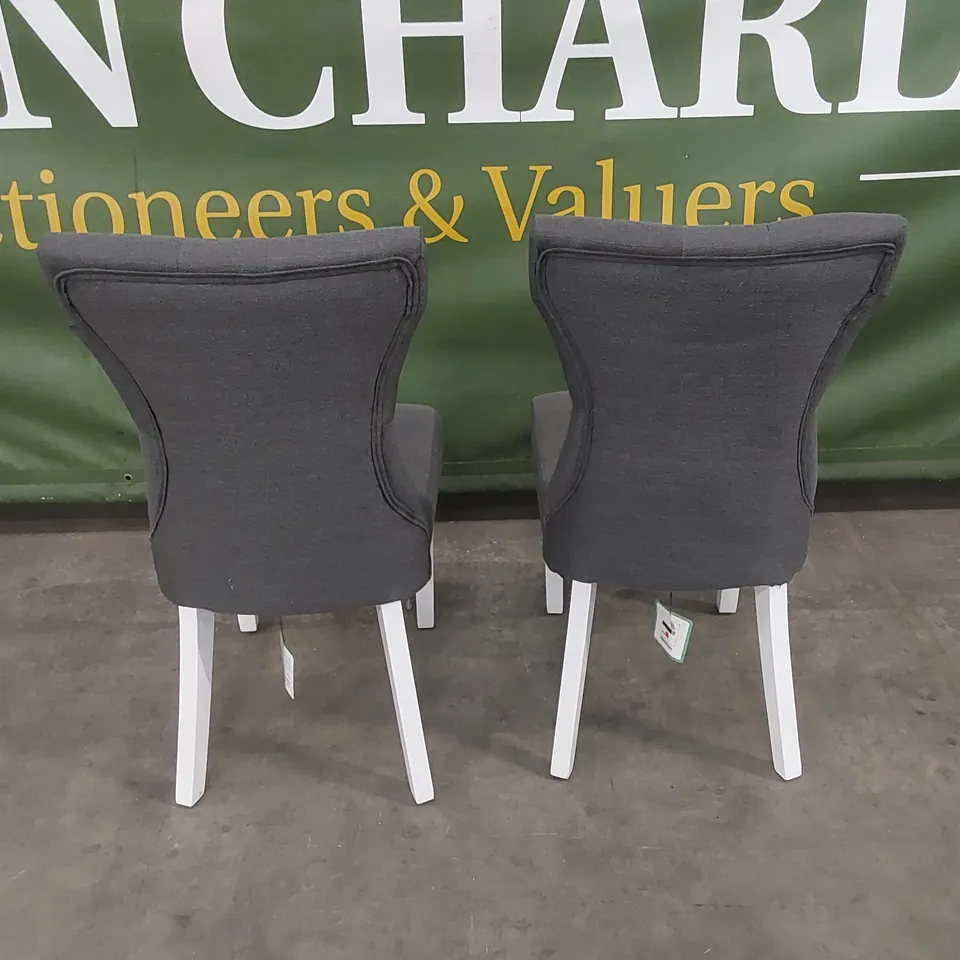 SET OF 2 BEWLEY SLATE FABRIC BUTTON BACK DINING CHAIRS WITH WHITE LEGS 