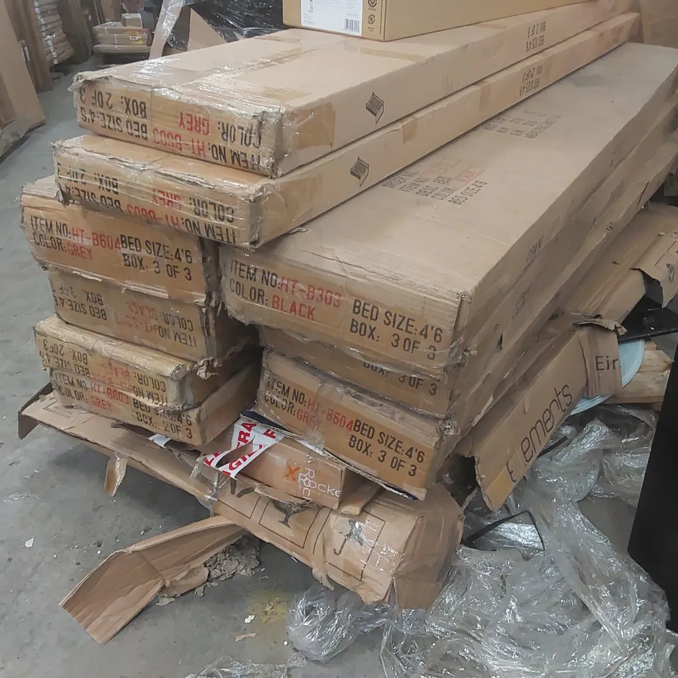 PALLET CONTAINING A LARGE QUANTITY OF ASSORTED FURNITURE PARTS/CONSUMER PRODUCTS INCLUDING: BED PARTS, XROCKER DESK PARTS, DYSON VACUUM PARTS ECT
