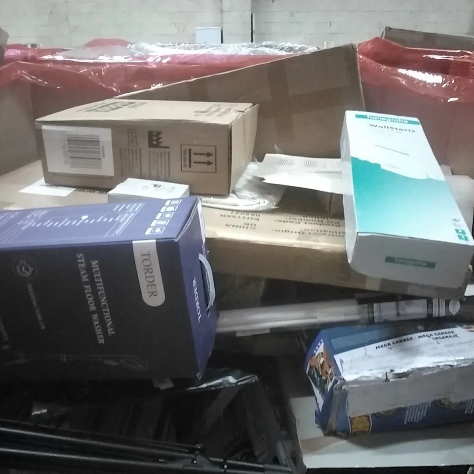 PALLET OF HOUSEHOLD ITEMS TO INCLUDE LAUNDRY BASKET, HOT WHEELS CITY,SHOWER BUNDLE, MULTIFUNCTIONAL STEAM FLOOR WASHER AND OTHER ASSORTED ITEMS...