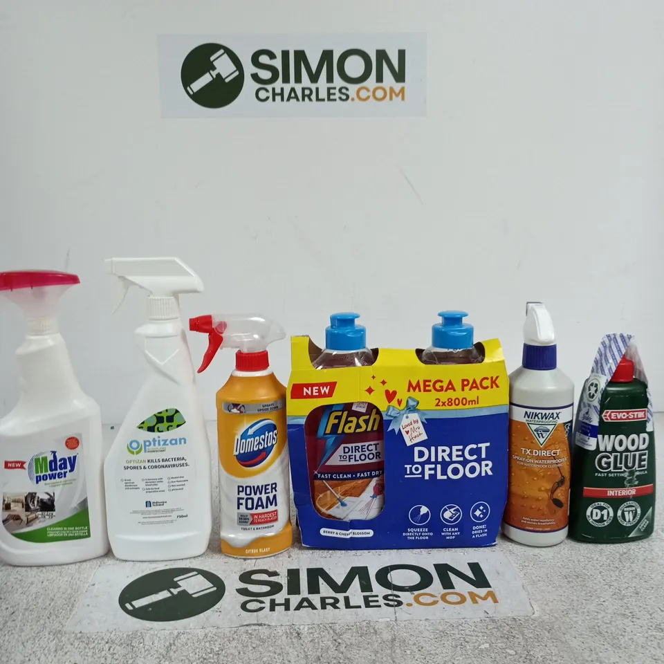APPROXIMATELY 10 ASSORTED ITEMS INCLUDING EVO-STICK WOOD GLUE, NIKWAX SPRAY ON WATERPROOFER AND FLASH DIRECT TO FLOOR