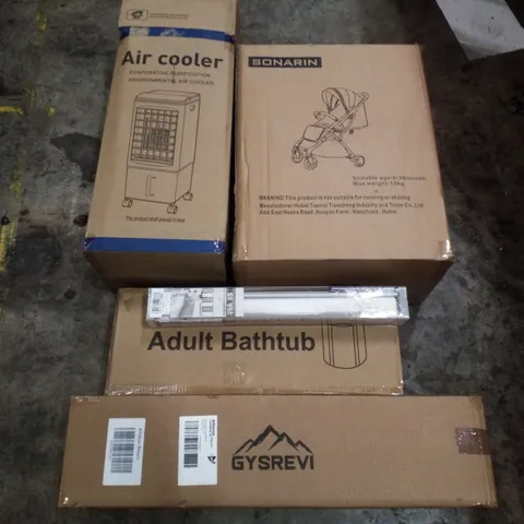 PALLET CONTAINING ASSORTED PRODUCTS INCLUDING AIR COOLER, STROLLER, ADULT BATHTUB, ROLLER BLIND, & CAMPING TENT