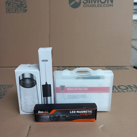 APPROXIMATELY 15 ASSORTED HOUSEHOLD PRODUCTS TO INCLUDE REFORMED GLASS JAR, LED MAGNETIC PICKUP TOOL AND WINDOW DOCTOR KIT