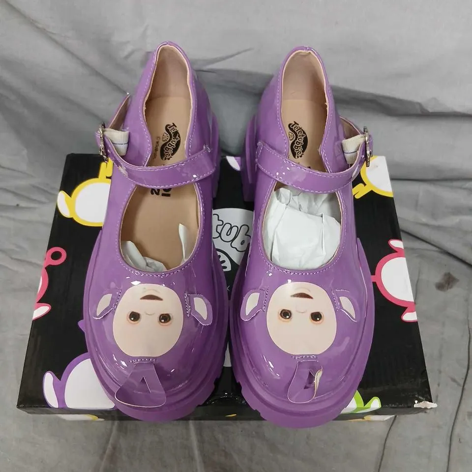 TELETUBBIES X KOI KIDZ TINKY WINKY PURPLE PATENT MARY JANE SHOES, UK SIZE 1