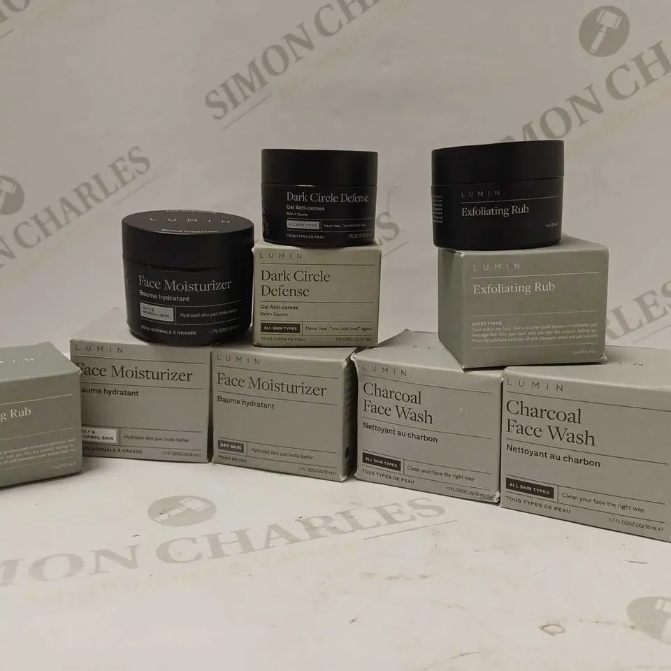 LOT OF 7 LUMIN PRODUCTS TO INCLUDE DARK CIRCLE DEFENSE, FACE MOISTURIZER, EXFOLIATING RUB, ETC