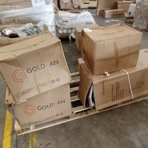 PALLET OF ASSORTED DESIGNER DINING CHAIR PARTS AND HOUSEHOLD ITEMS TO INCLUDE; COOLING FANS, PET BLANKETS, DINING CHAIRS, BAR STOOLS ETC