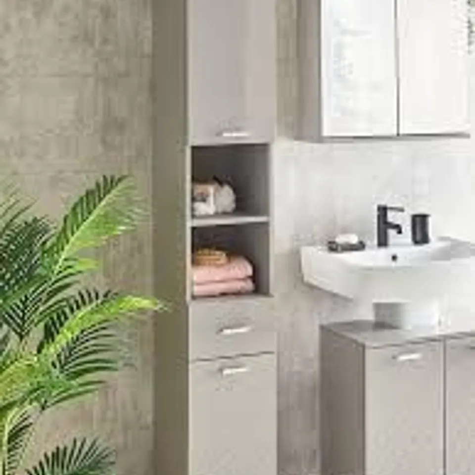 BOXED ROWAN GLOSS 2 DOOR, 1 DRAWER TALL BATHROOM CABINET - GREY (1 BOX)