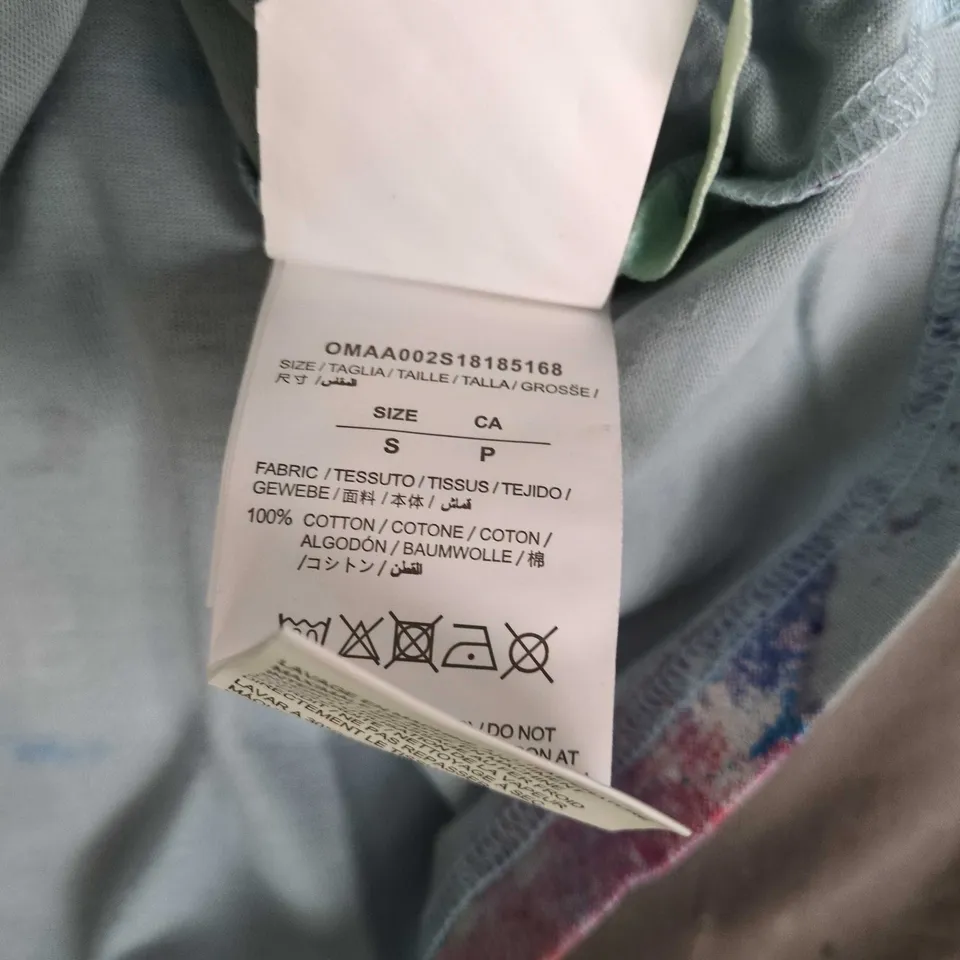 OFF-WHITE C/O VIRGIL ABLOH TEE – LIGHT BLUE/GRAY COTTON WITH PAINT-SPLATTER PRINT, SIZE S (VERIFY MODEL)