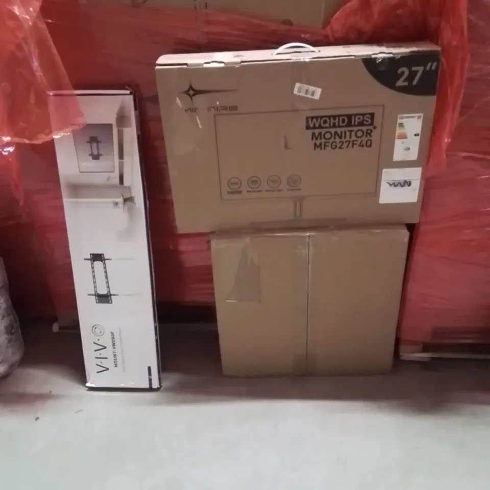 PALLET OF ASSORTED HOUSEHOLD GOODS AND PRODUCTS TO INCLUDE;27" MONITOR,TV WALL MOUNT BRACKET,CEILING FAN LIGHT 