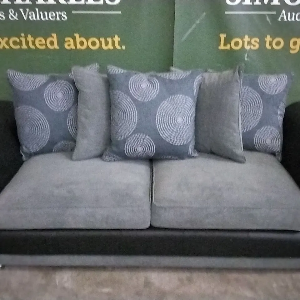 DESIGNER DANUBE GREY FABRIC AND BLACK SUEDE EFFECT THREE SEATER SOFA