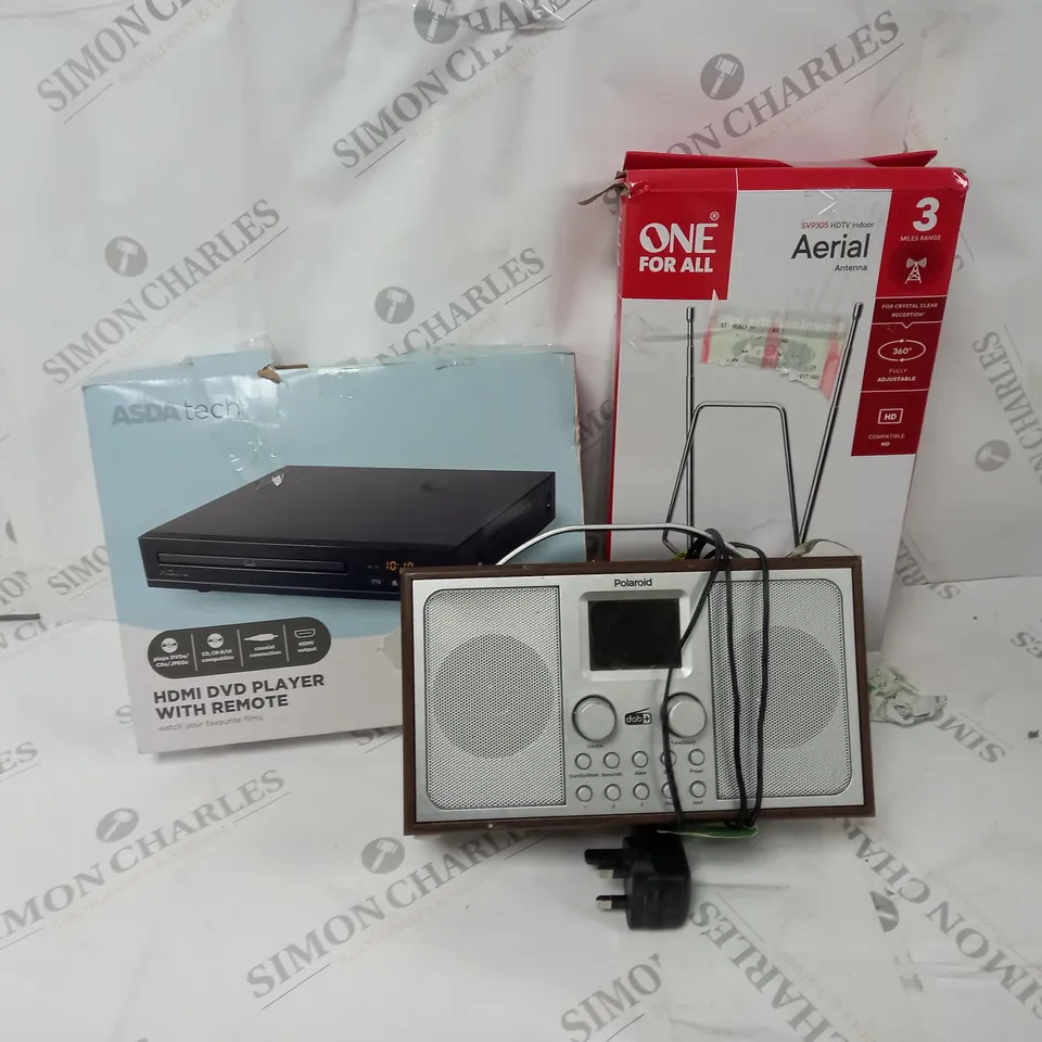 APPROXIMATELY 20 ASSORTED ITEMS TO INCLUDE DVD PLAYER, DAB+ RADIO, HDTV INDOOR AERIAL ETC.                                              