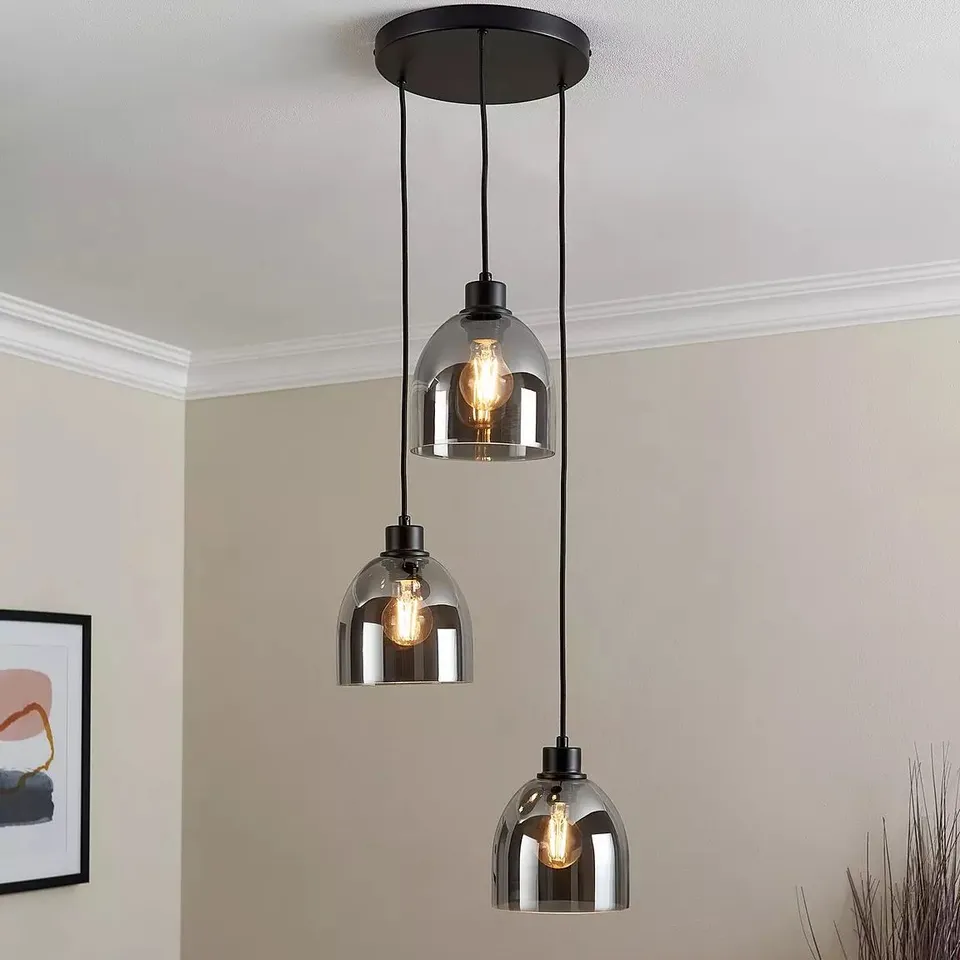 BOXED BEACON 3 LIGHT PENDANT CLUSTER - BLACK SMOKE - COLLECTION ONLY