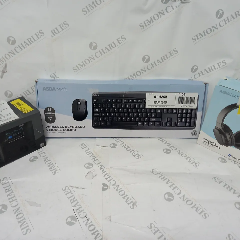 LARGE BOX OF APPROXIMATELY 25 ASSORTED ELECTRICALS TO INCLUDE WIRELESS MOUSE AND KEYBOARD COMBO, WIRLESS HEADPHONES, RADIO, ETC