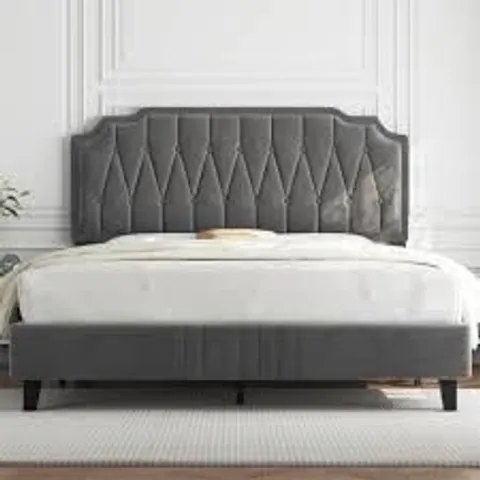 BOXED SIZE MODERN UPHOLSTERED DOUBLE BED FRAME WITH ADJUSTABLE SQUARE TUFTED HEADBOARD//DOUBLE - LIGHT GREY (1 BOX)