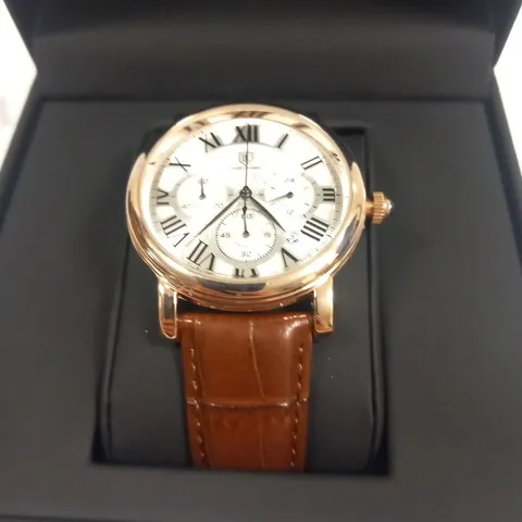 MENS LOUIS LACOMBE CHRONOGRAPH WATCH – MULTI FUNCTION DIAL WITH DATE – ROMAN NUMERAL DIAL – LEATHER STRAP – GIFT BOX – EST £420