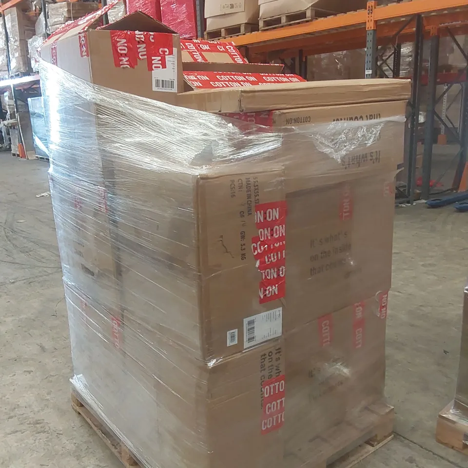PALLET CONTAINING A VERY LARGE QUANTITY OF BRAND NEW ASSORTED CLOTHING INCLUDING: BIKINIS, JEANS, JUMPERS, BLAZER, SHIRTS, HELLO KITTY HATS ECT AND STORAGE BOX