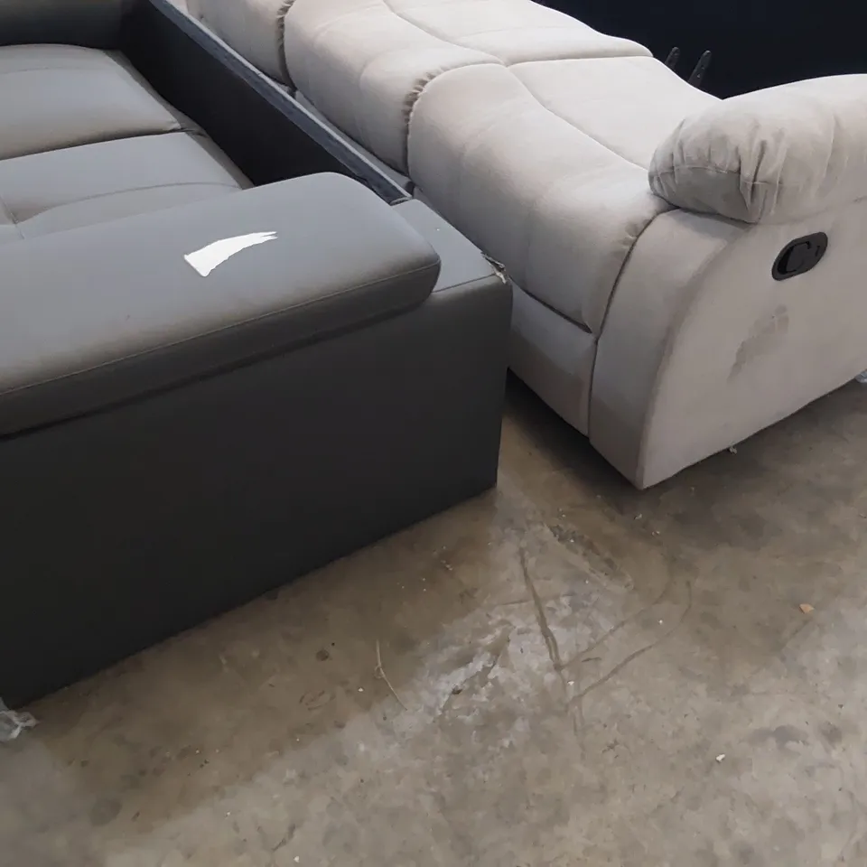 TWO THREE SEATER SOFA BASES MANUAL RECLINING LIGHT GREY FABRIC & FIXED GREY LEATHER 
