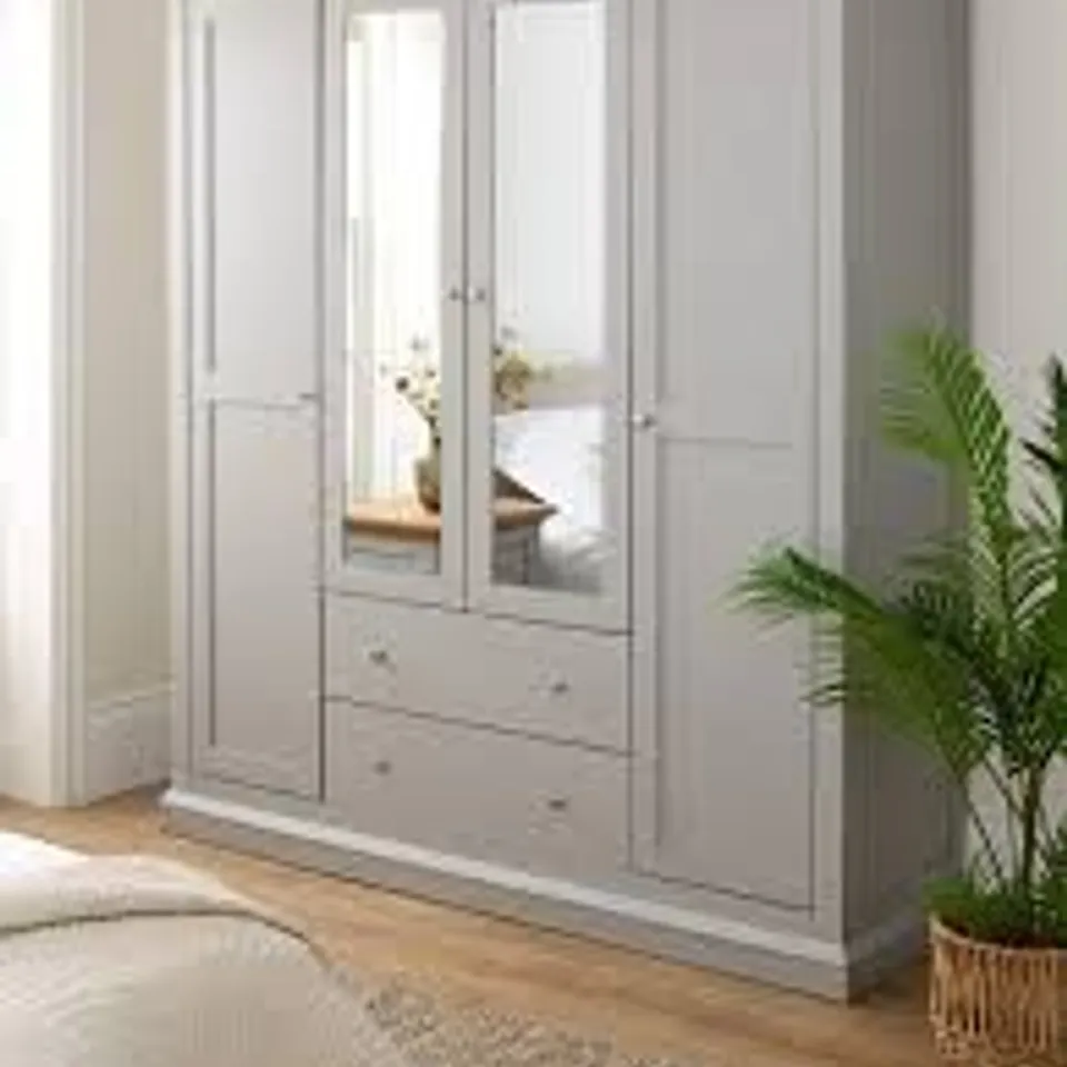 BOXED HANNA 4 DOOR, 2 DRAWER MIRRORED COMBI WARDROBE - GREY/OAK TOPS (4 BOXES)