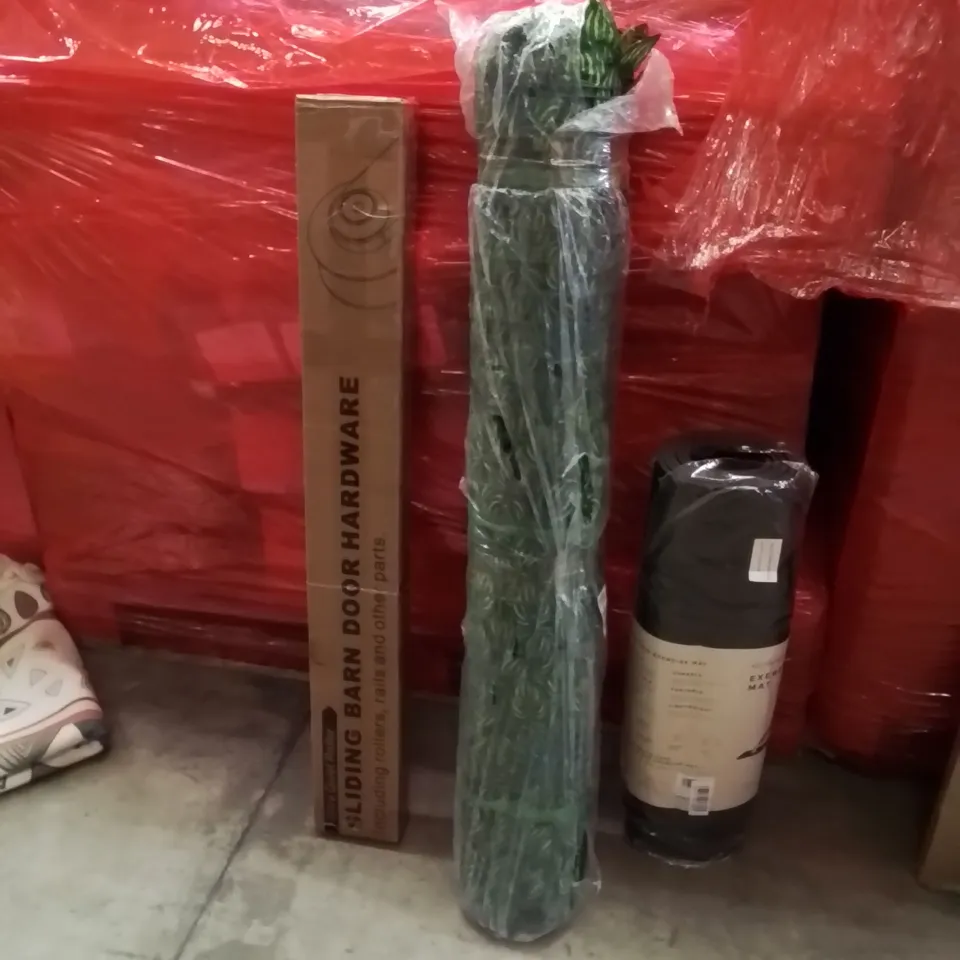 PALLET OF ASSORTED HOUSEHOLD GOODS AND PRODUCTS TO INCLUDE;YOGA MAT,SLIDING BARN DOOR,FLOWER GUARDS