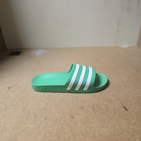 ADIDAS GREEN SLIDES WITH WHITE STRIPES - UK SIZE 9