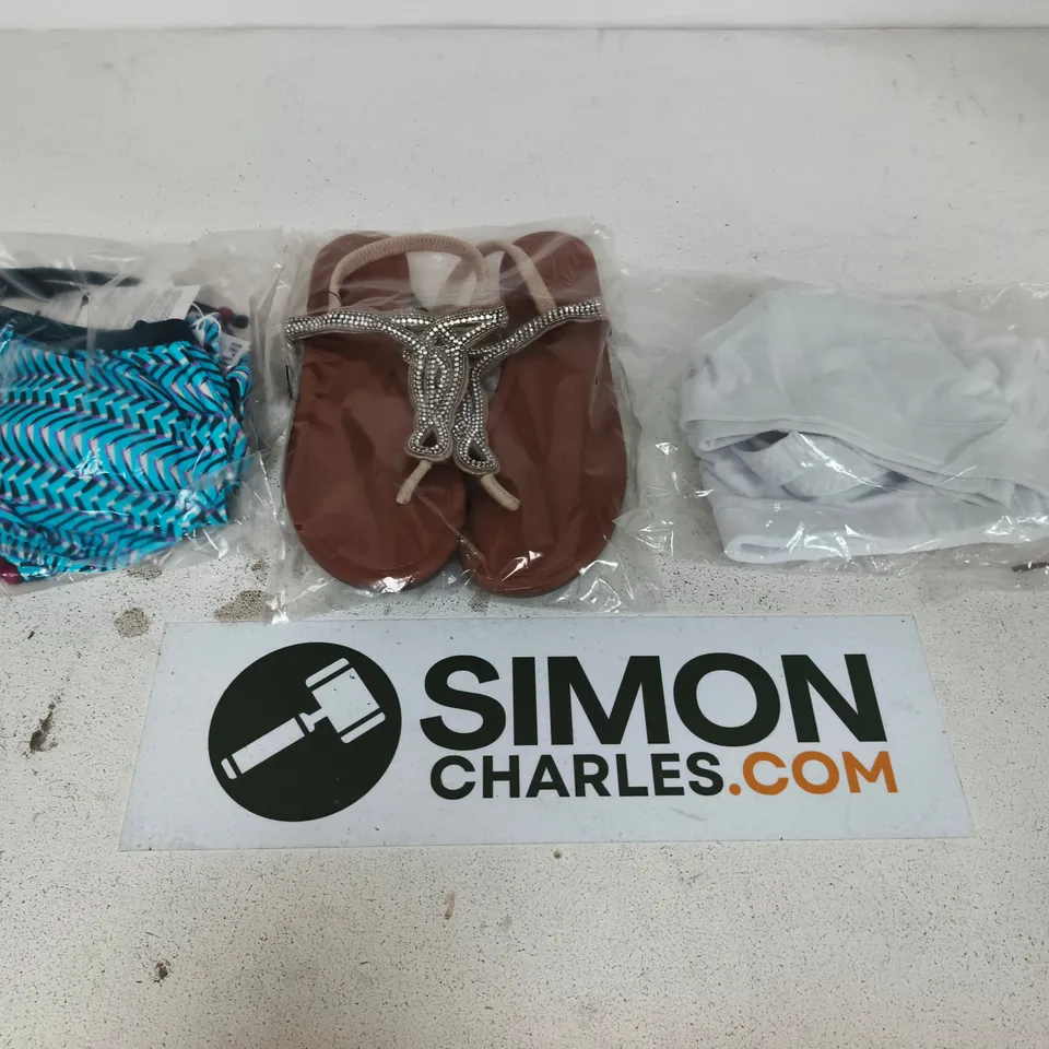 BOX OF APPROXIMATELY 15 ASSORTED CLOTHING AND FOOTWEAR ITEMS TO INCLUDE SWIMWEAR, SANDALS AND BRAS - VARIOUS COLOURS, SIZES AND STYLES