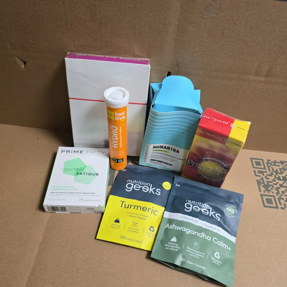 APPROXIMATELY 15 ASSORTED VITAMIN/HEALTH AID PRODUCTS TO INCLUDE PRIME FIFTY FIGHT FATIGUE, NUTRITION GEEKS ASHWAGANDHA CALM+, HYRO ELECTROLYTE TABLETS, ETC - COLLECTION ONLY