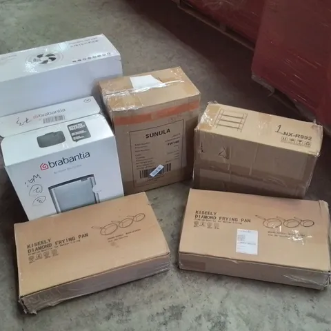 PALLET OF ASSORTED HOUSEHOLD GOODS AND PRODUCTS TO INCLUDE; FRYING PANS, WASTE BIN, FOLDING WAGON, BOXED FURNITURE ETC 