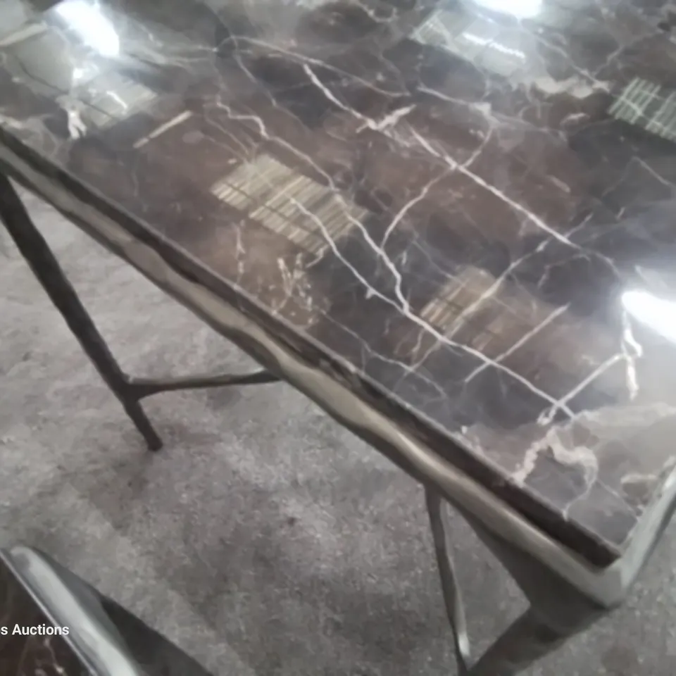 DESIGNER HEAVY METAL FRAMED BLACK ONYX TOPPED OCCASIONAL TABLE