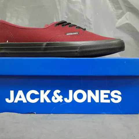 BOXED PAIR OF JACK & JONES CANVAS TRAINERS IN DEEP RED UK SIZE 9