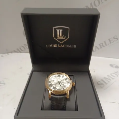 MENS LOUIS LACOMBE CHRONOGRAPH WATCH – MULTI FUNCTION DIAL WITH DATE – ROMAN NUMERAL DIAL – LEATHER STRAP