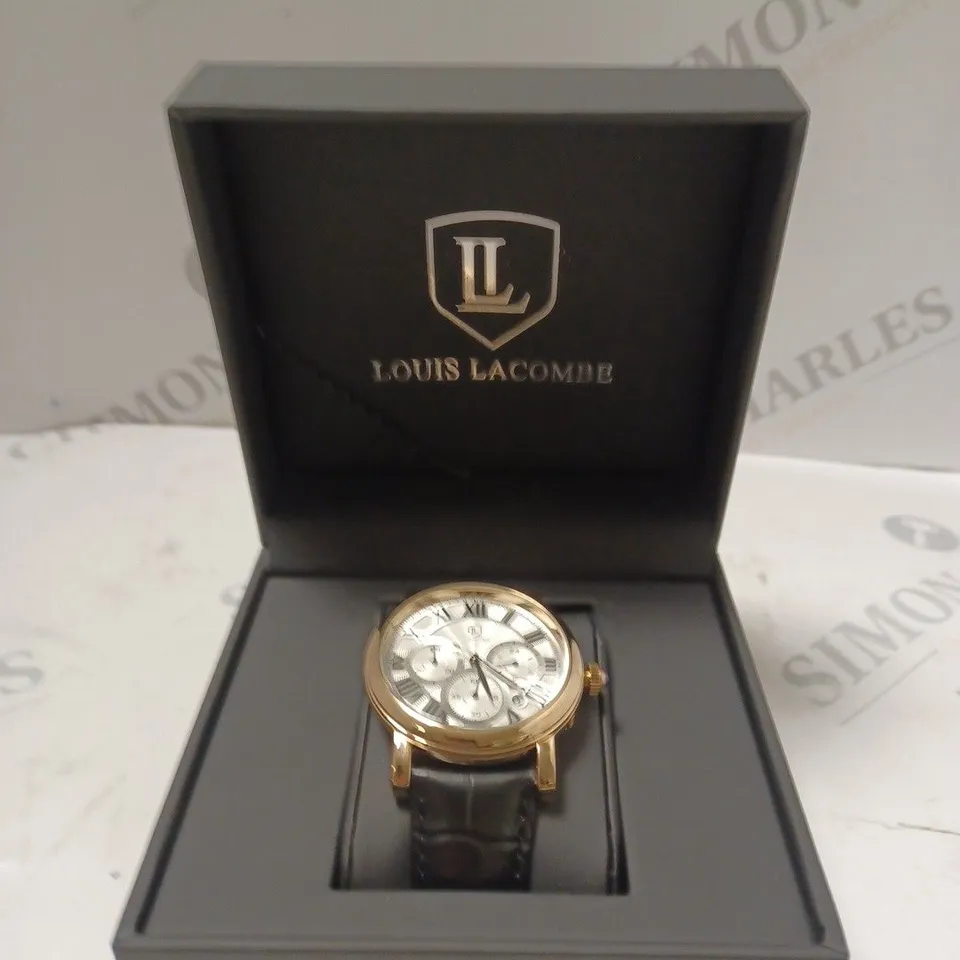MENS LOUIS LACOMBE CHRONOGRAPH WATCH – MULTI FUNCTION DIAL WITH DATE – ROMAN NUMERAL DIAL – LEATHER STRAP
