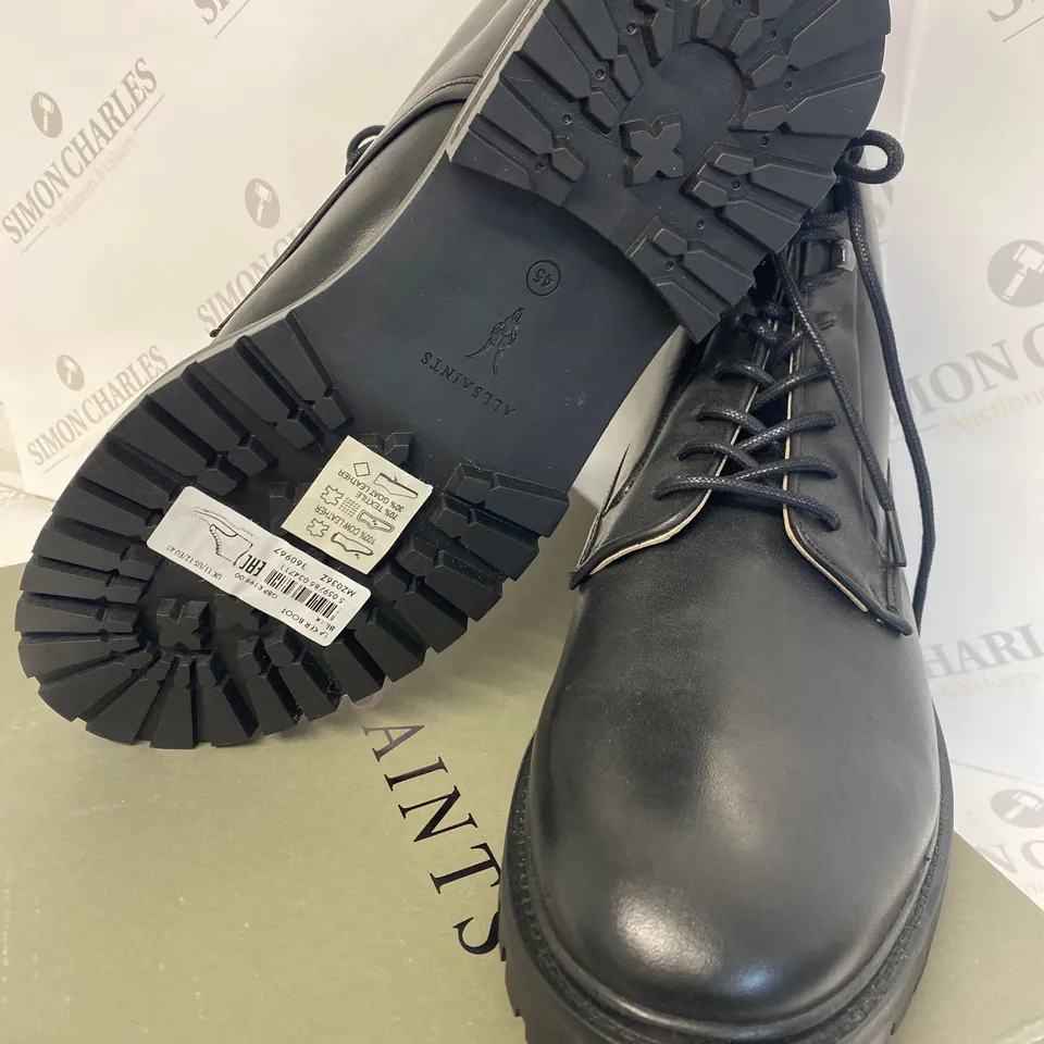 BOXED PAIR OF ALLSAINTS BLACK LAKER BOOTS SIZE 11