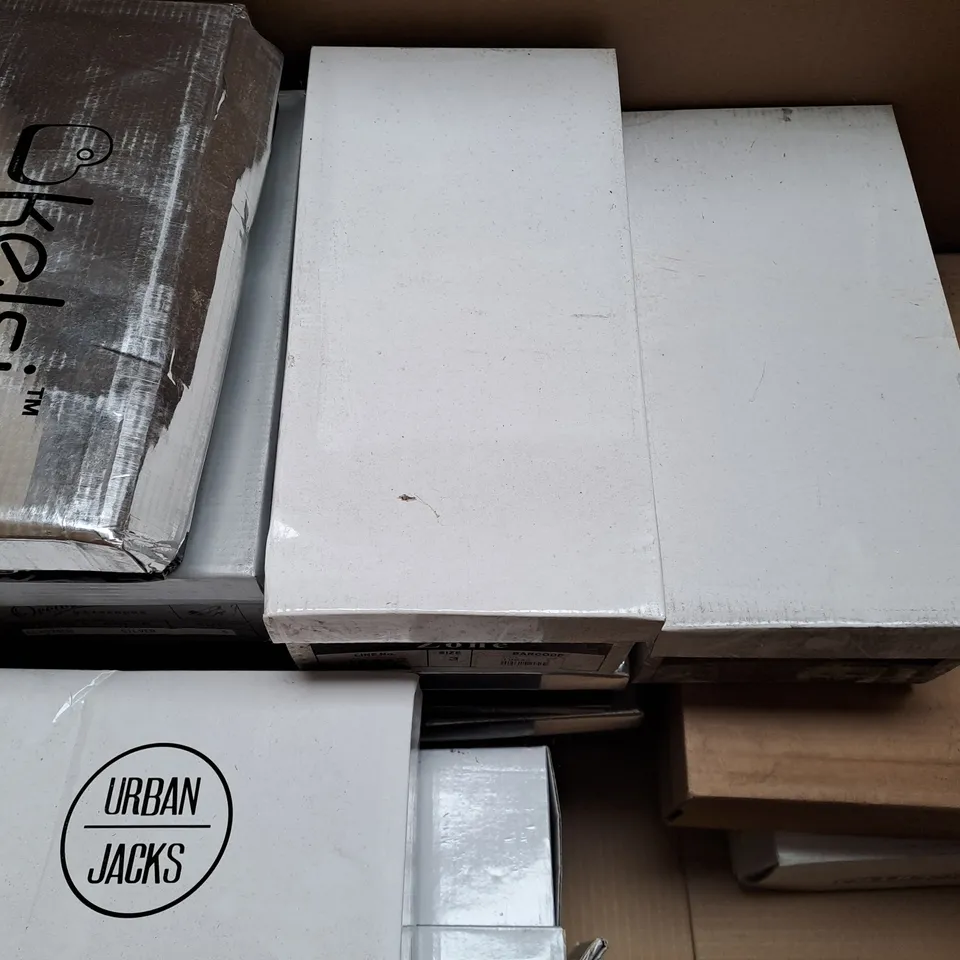 BOX OF APPROXIMATELY 10 ASSORTED PAIRS OF SHOES IN VARIOUS COLOURS, STYLES, AND SIZES
