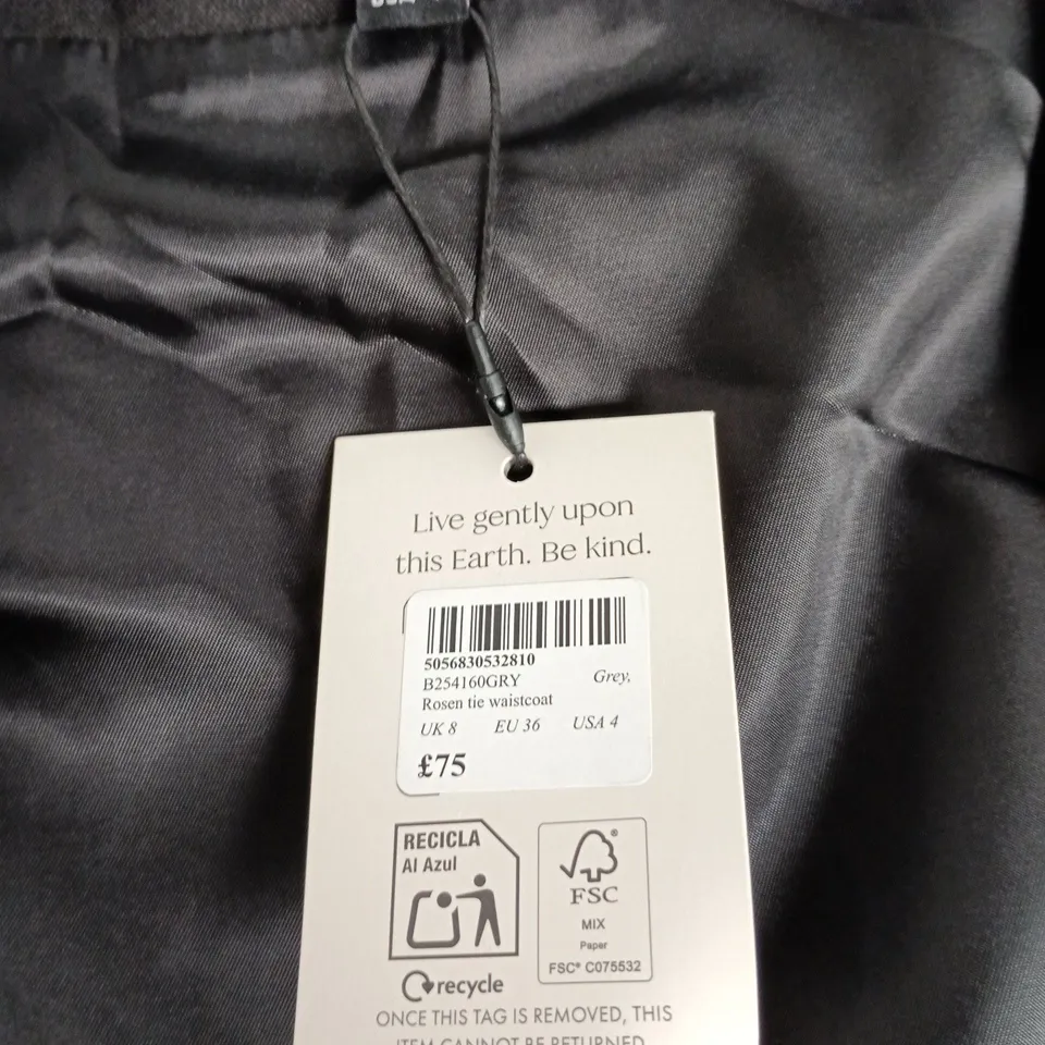 UK 8 NOBODY'S CHILD GREY TIE WAISTCOAT WITH FRONT BUTTONS