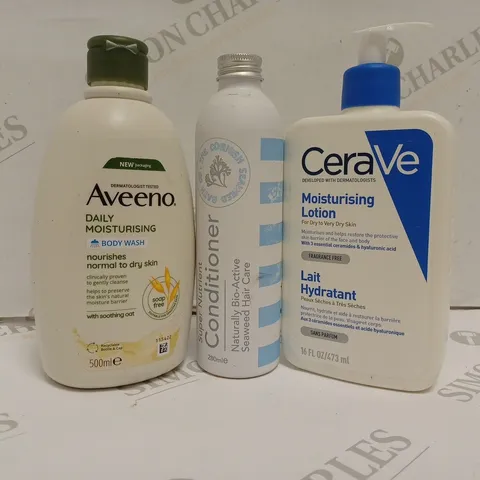 APPROXIMATELY 10 ASSORTED HEALTH AND BEAUTY PRODUCTS TO INCLUDE AVEENO DAILY MOISTURISING BODY WASH, CERAVE MOISTURISING LOTION, THE CORNISH SEAWEED BATH CO SUPER NUTRIENT CONDITIONER