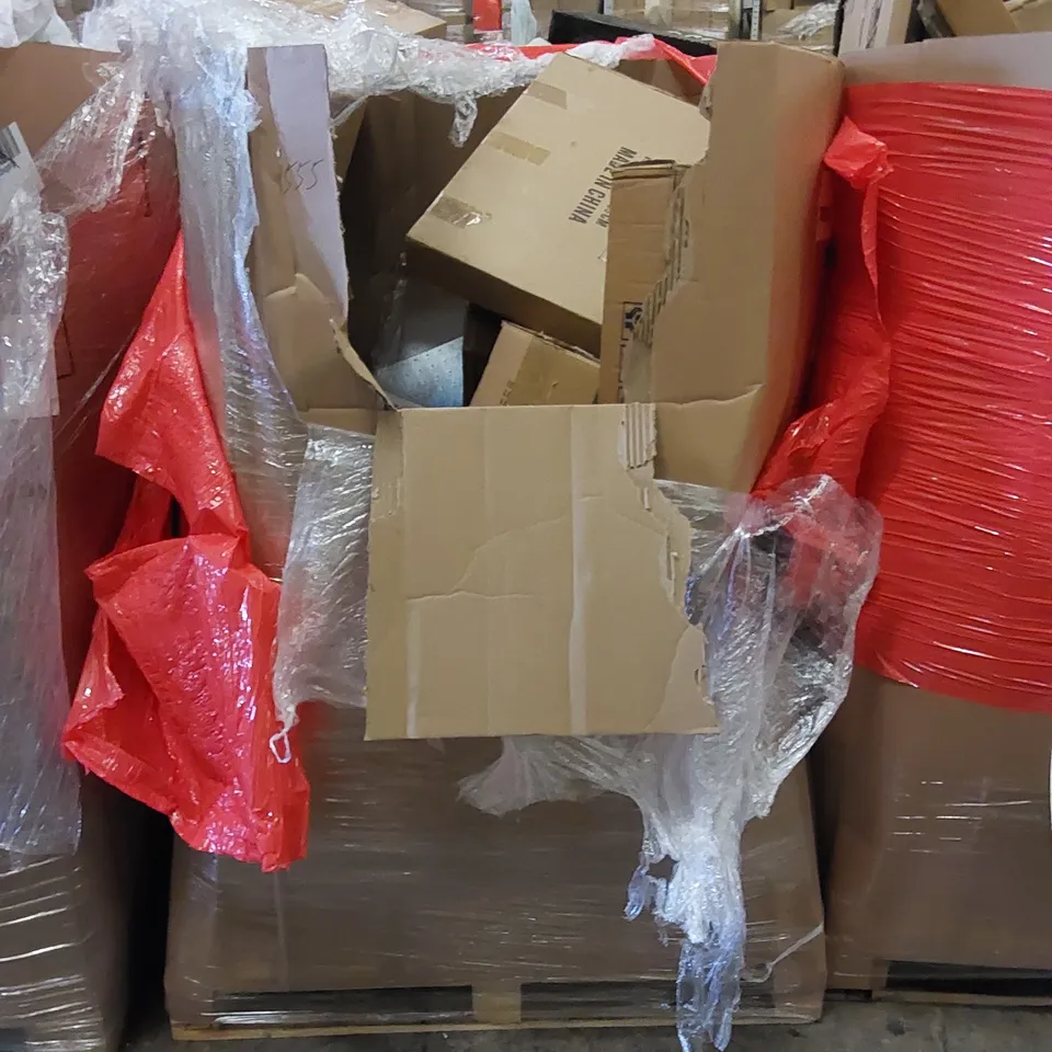 PALLET TO CONTAIN ASSORTED HOUSEHOLD ITEMS AND CONSUMER PRODUCTS. INCLUDES HEATER FANS, TURNTABLES, BOXED FURNITURE ETC 