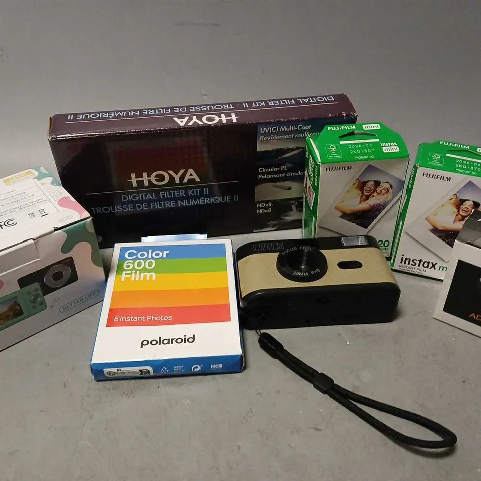 APPROXIMATELY 7 ASSORTED CAMERAS & ACCESSORIES TO INCLUDE HOYA DIGITAL FILTER KIT II, FUJIFILM INSTAX MINI FILM, CATCH FOCUS FREE CAMERA, ETC