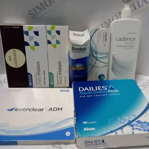BOX OF APPROX 25 ASSORTED CONTACT LENSES AND CONTACT LENSE SOLUTIONS