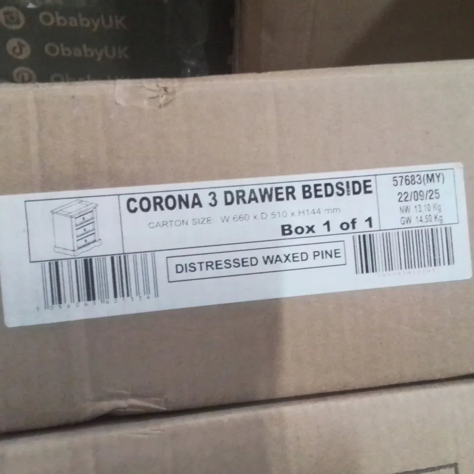 BOXED CORONA 3 DRAWER BEDSIDE TABLE WAXED PINE 