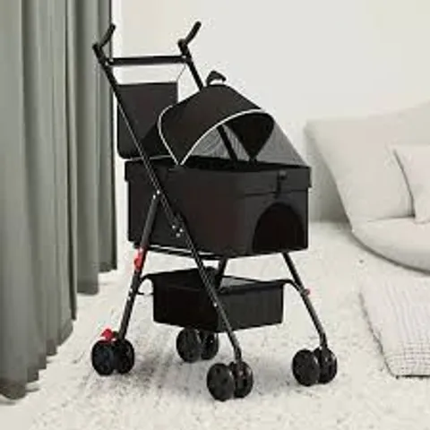 BOXED DOG STROLLERS FOR SMALL PUPPY PET STROLLER DOGS CAT, 4 WHEEL FOLDING TRAVEL JOGGER STROLLING CART WITH STORAGE BASKET, CUP HOLDER, REMOVABLE LINER, 17.5 (L) X 33 (W) X 38.6 (H) INCHES, BLACK