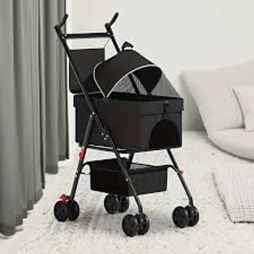 BOXED DOG STROLLERS FOR SMALL PUPPY PET STROLLER DOGS CAT, 4 WHEEL FOLDING TRAVEL JOGGER STROLLING CART WITH STORAGE BASKET, CUP HOLDER, REMOVABLE LINER, 17.5 (L) X 33 (W) X 38.6 (H) INCHES, BLACK