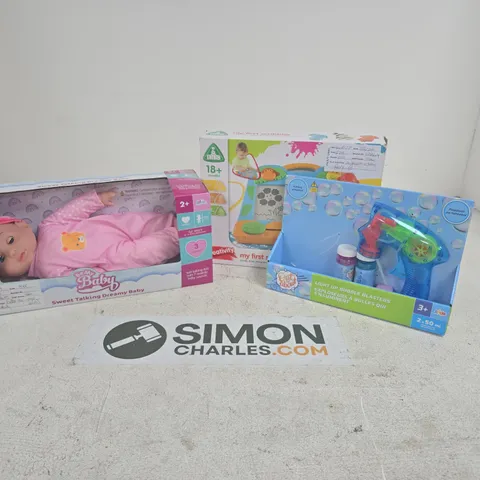 APPROXIMATELY 10 ASSORTED TOYS & GAMES PRODUCTS TO INCLUDE BUBBLE BLASTER, SWEET TALKING DREAMY BABY TOY, MY FIRST SCRIBBLER, ETC