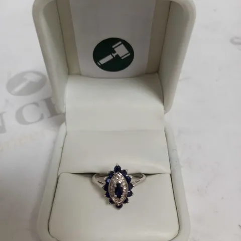 DESIGNER 9CT WHITE GOLD SAPPHIRE AND DIAMOND CLUSTER RING