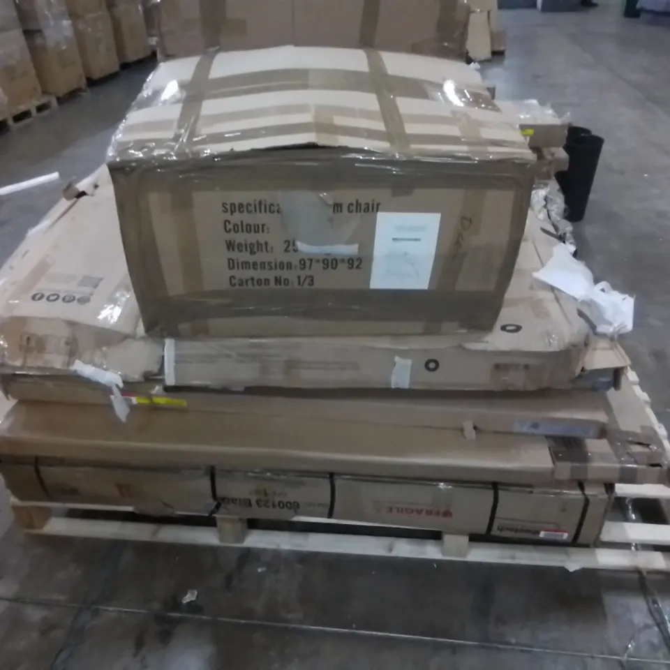 PALLET TO CONTAIN AN ASSORTMENT OF DESIGNER FURNITURE PARTS. 
