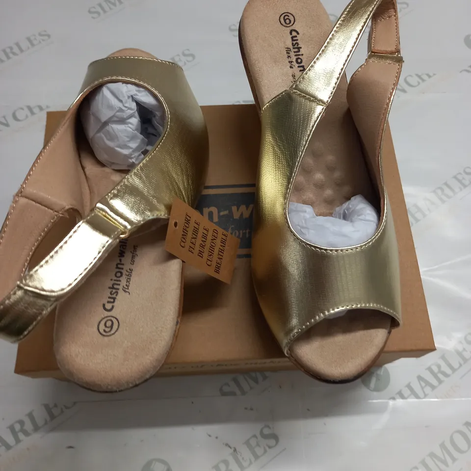 BOXED PAIR OF CUSHION WALK WEDGE SHOES IN GOLD - SIZE 6