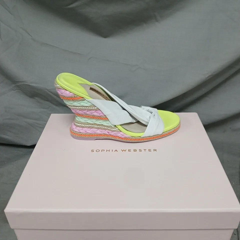 SOPHIA WEBSTER NEON LIME ESPADRILLE WEDGE SANDALS – WHITE KNOT STRAPS - SIZE 4