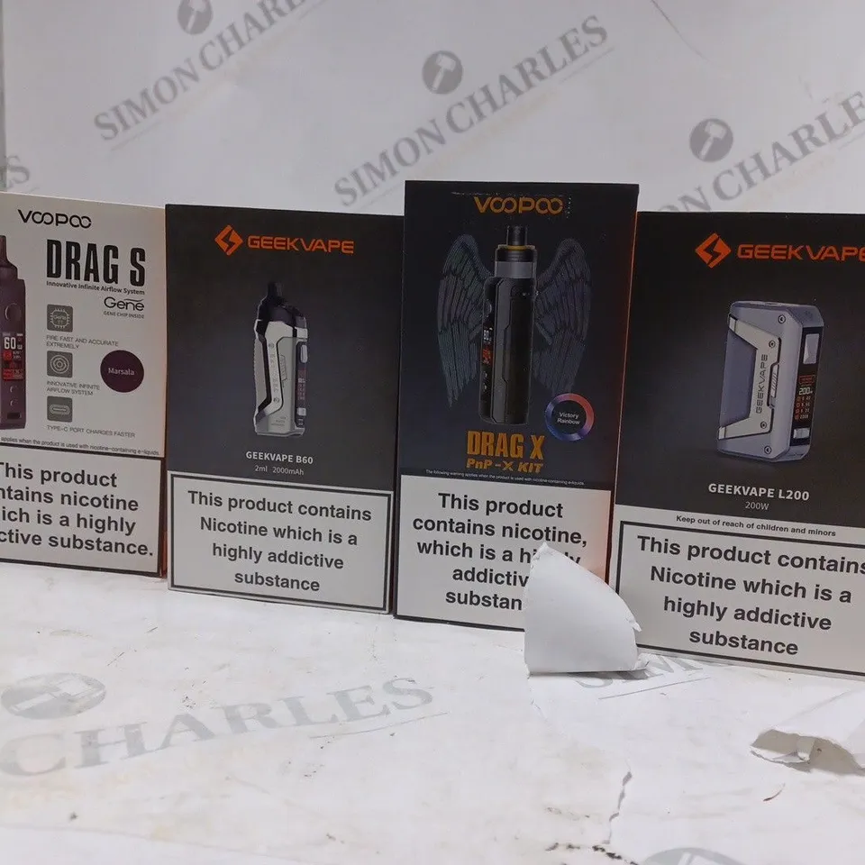 APPROXIMATELY 25 BOXED E-CIGARETTES TO INCLUDE ASPIRE VOOPOO DRAG S , GEEK VAPE L200 , VOOPOO DRAG X , ETC 
