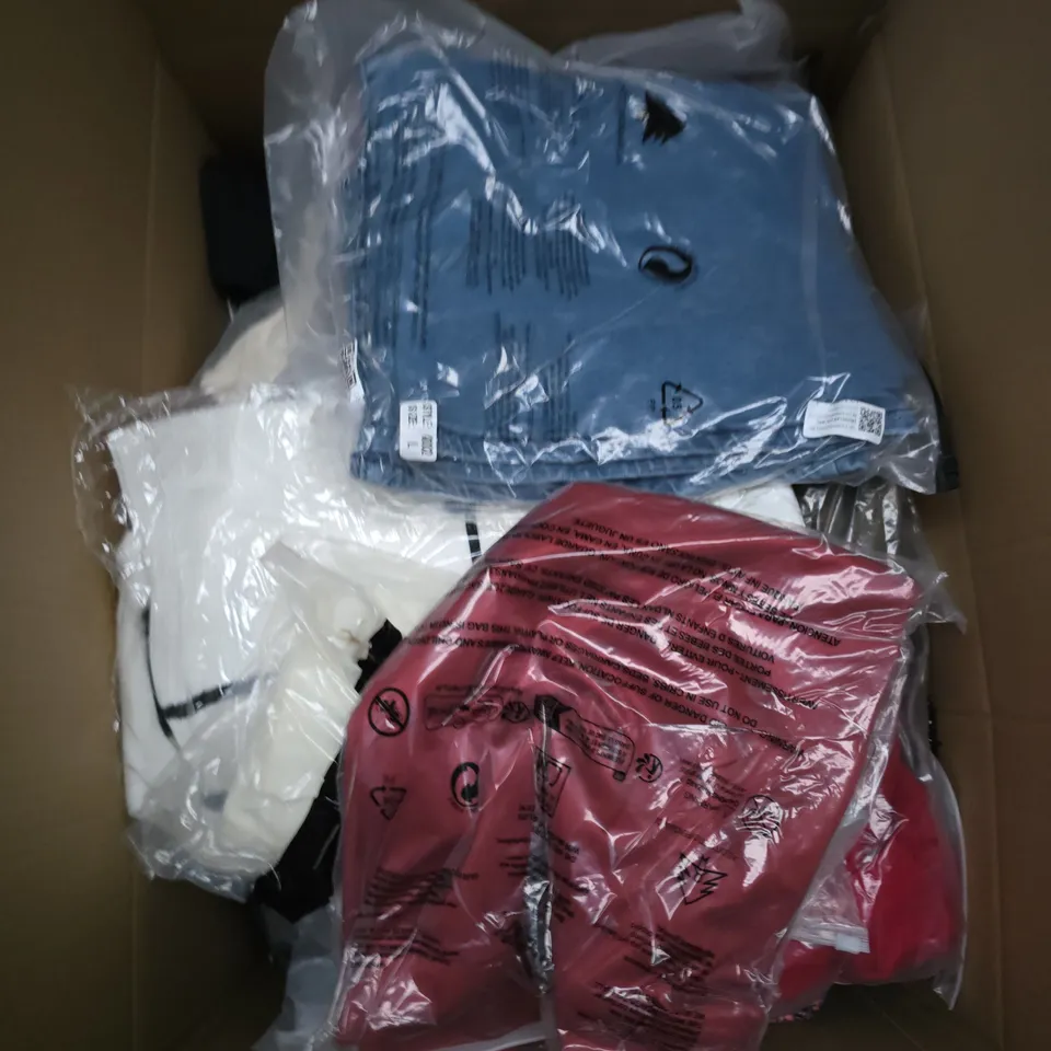 LARGE BOX OF APPROXIMATELY 25 ASSORTED CLOTHING ITEMS IN VARIOUS COLOURS, STYLES AND SIZES - COLLECTION ONLY